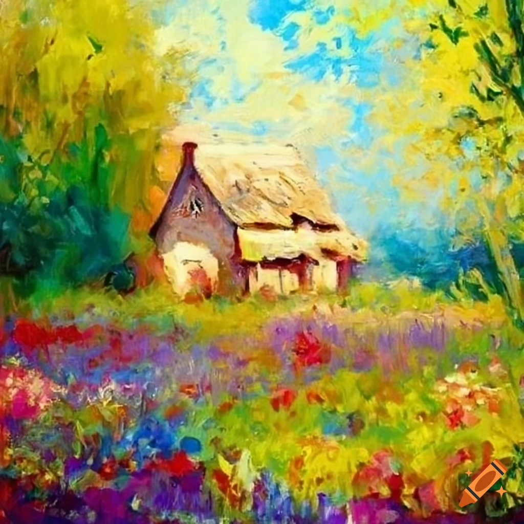 Impressionist cottage surrounded by flowers