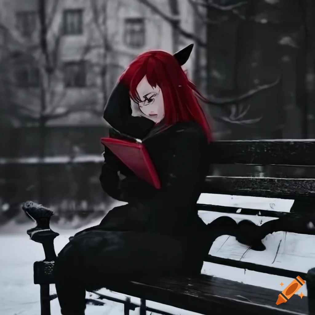 Anime-style catgirl with red hair reading a book in a snowy college campus