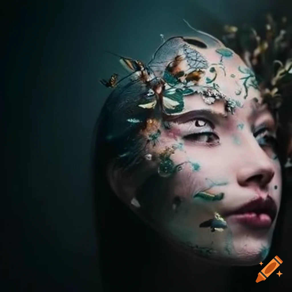 Face covered with butterflies in a dreamy setting with the moon rising