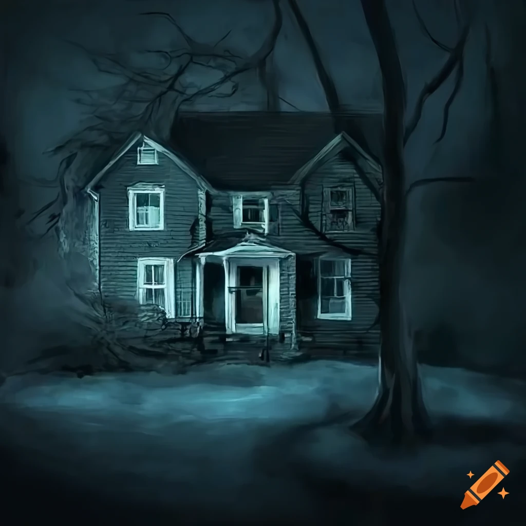 Ominous hyperrealistic view of a suburban house at night