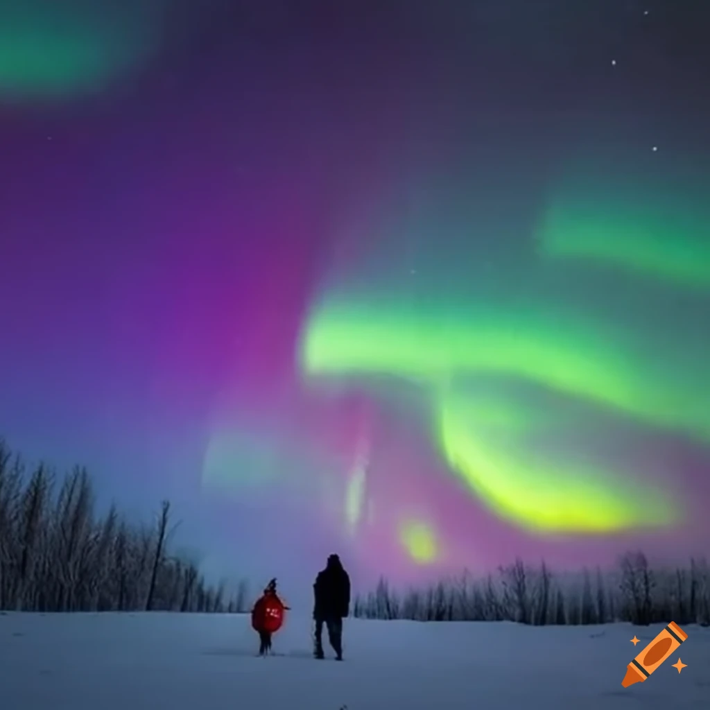 Scientists in lab coats amazed by the Northern Lights in a frosty landscape