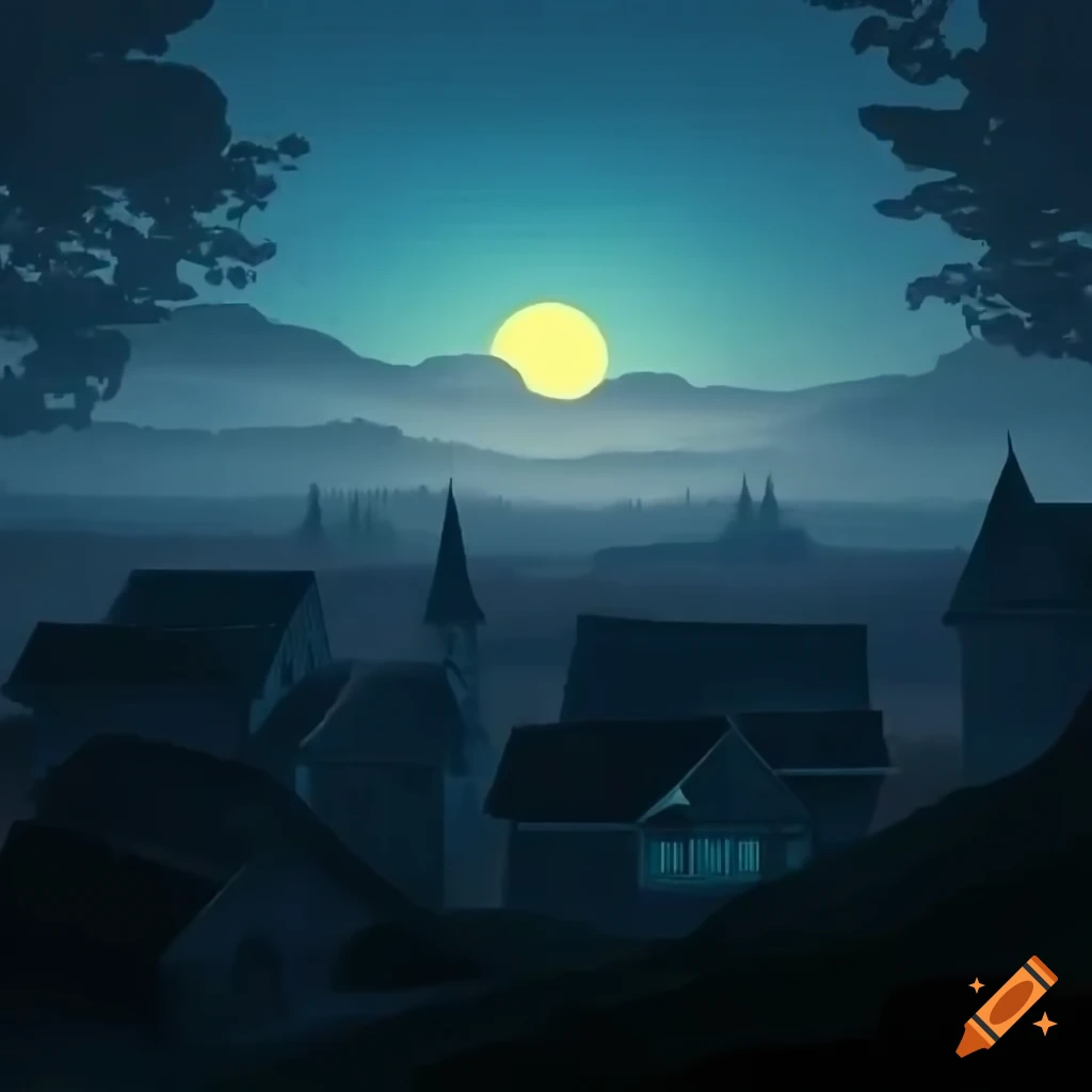 Small village at dusk with elongated shadows and a hint of fog