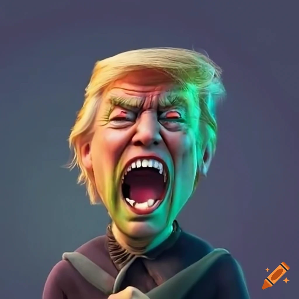 Pixar version of angry, screaming, evil Trump as the wicked witch flying on a broomstick