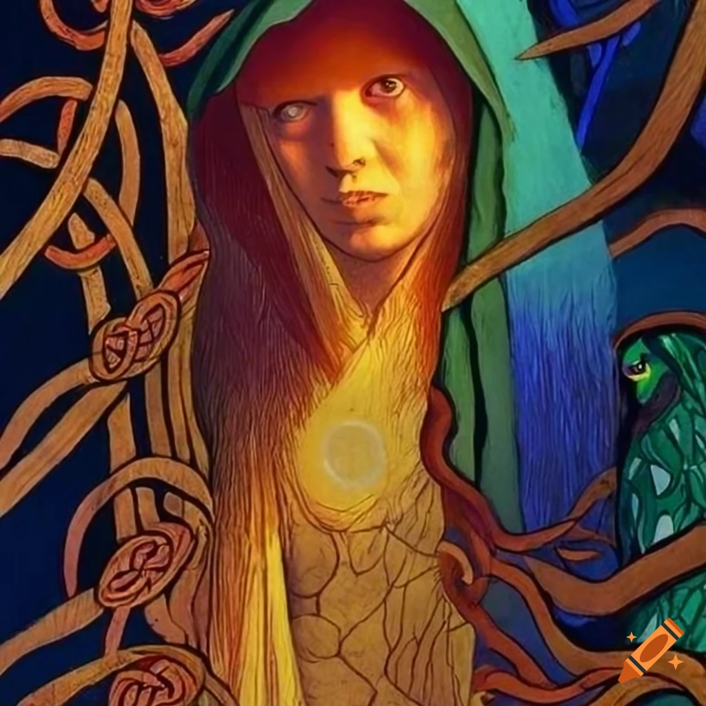 Celtic storybook illustration of a Gold and Copper Raven in a colorful iridescent Peacock cloak