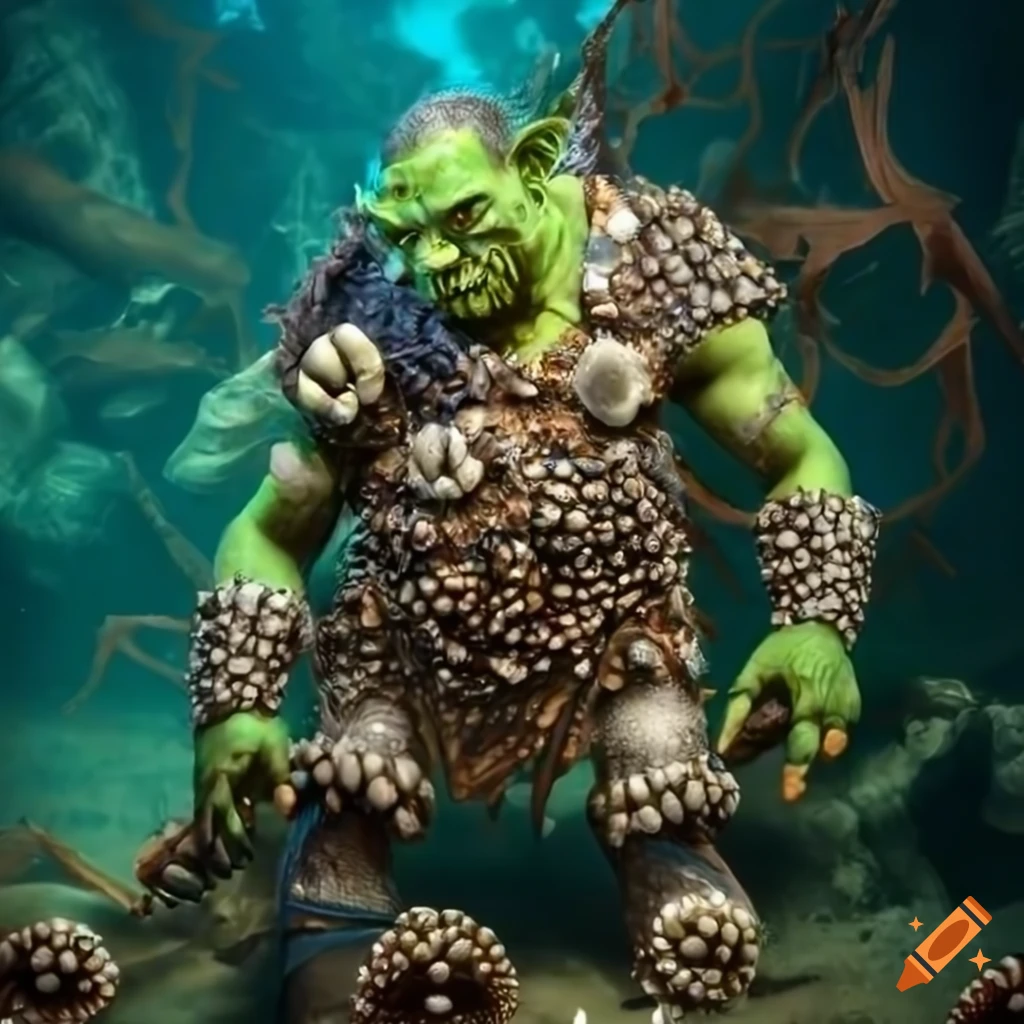 Photorealistic orc in shell armor behind a seaweed lecturn