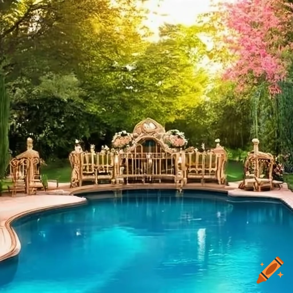 Elegant backyard ballroom with a luxurious pool
