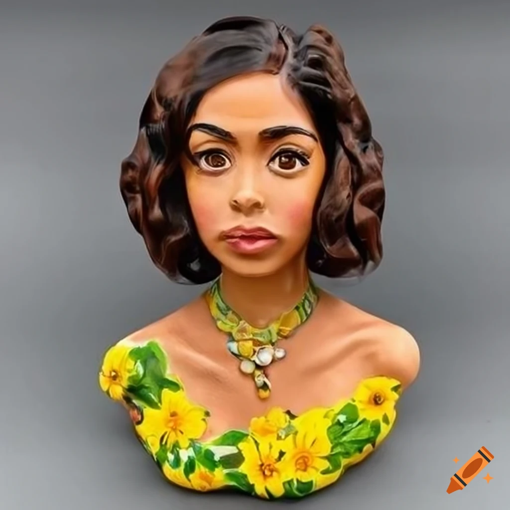 Painted ceramic bust of a Latina woman with brown hair and yellow flowers