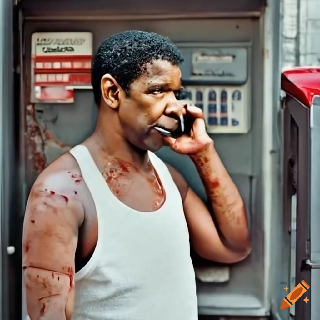 Denzel Washington in a gritty scene at a payphone in a phone booth