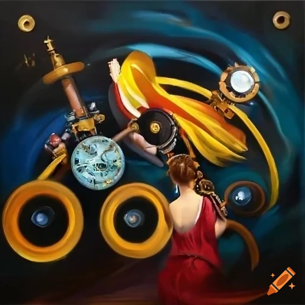 Artistic representation of existence waves with a bird in a steampunk theme