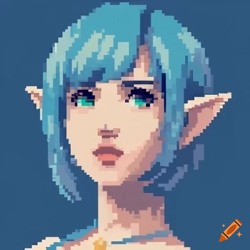1990 retro impressionist pixel art portrait of a blue-haired J-RPG demi-elf heroine in a greek toga