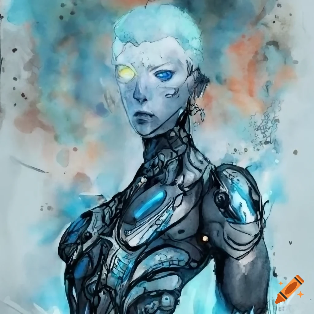 Young male cyborg in a white cutting-edge bodysuit with light cyan hair and blue eyes