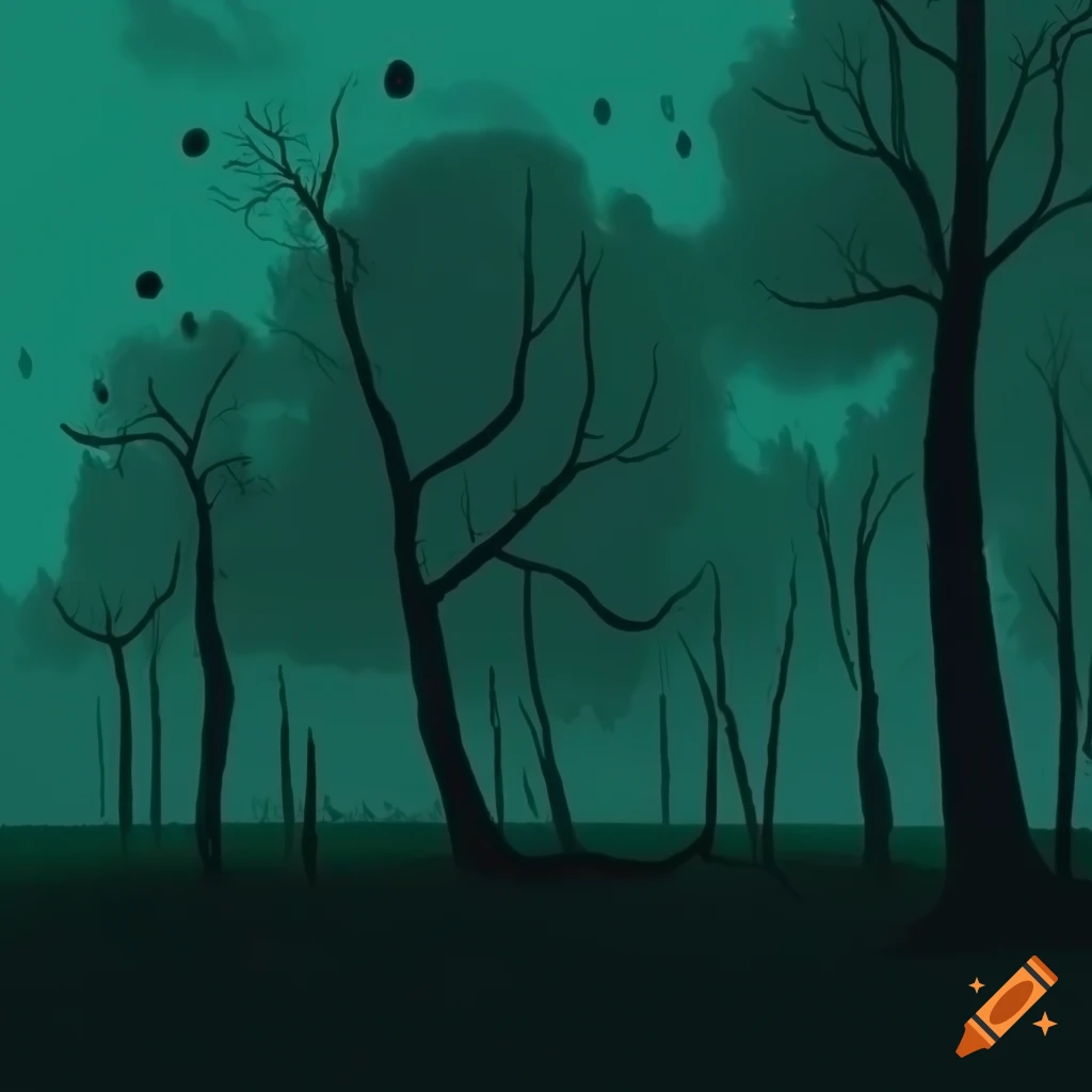 Dark aesthetic wallpaper of green land under a blue sky with big dark raining clouds and 2 realistic trees