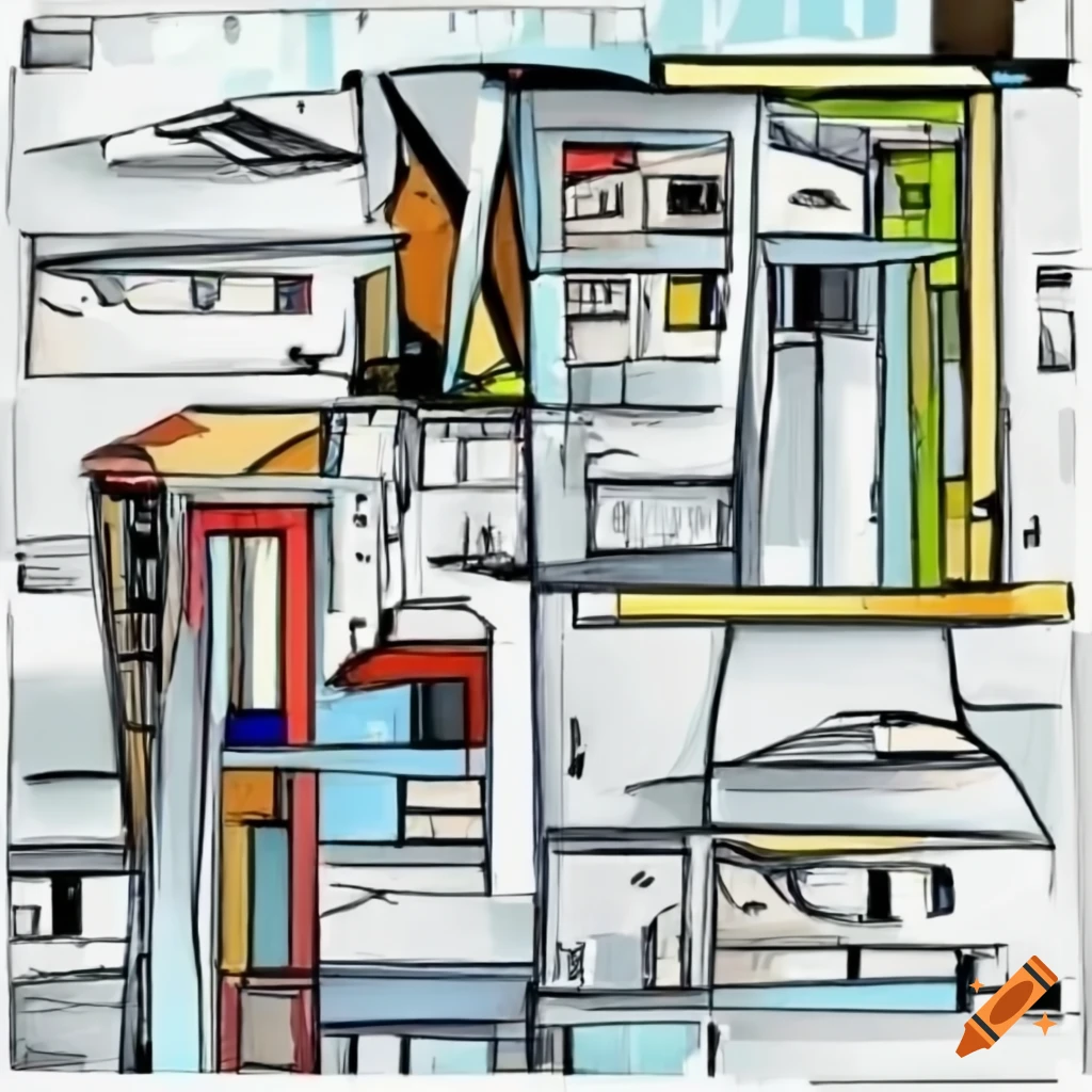 Architectural ideation sketch by Charles Chorrea and Le Corbusier with 2-D planar drawing and exploded lines of varying thickness