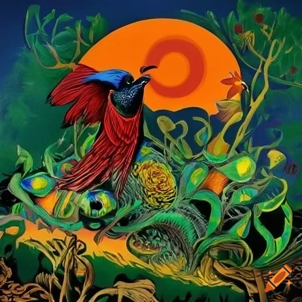 Celtic storybook illustration of a Gold and Copper Raven with a colorful iridescent Peacock cloak