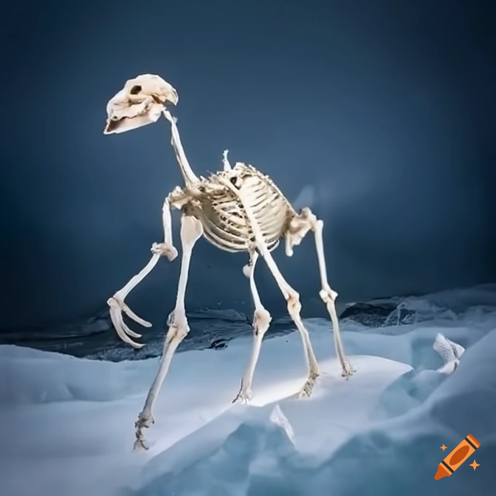 Frozen animal skeleton on icy landscape