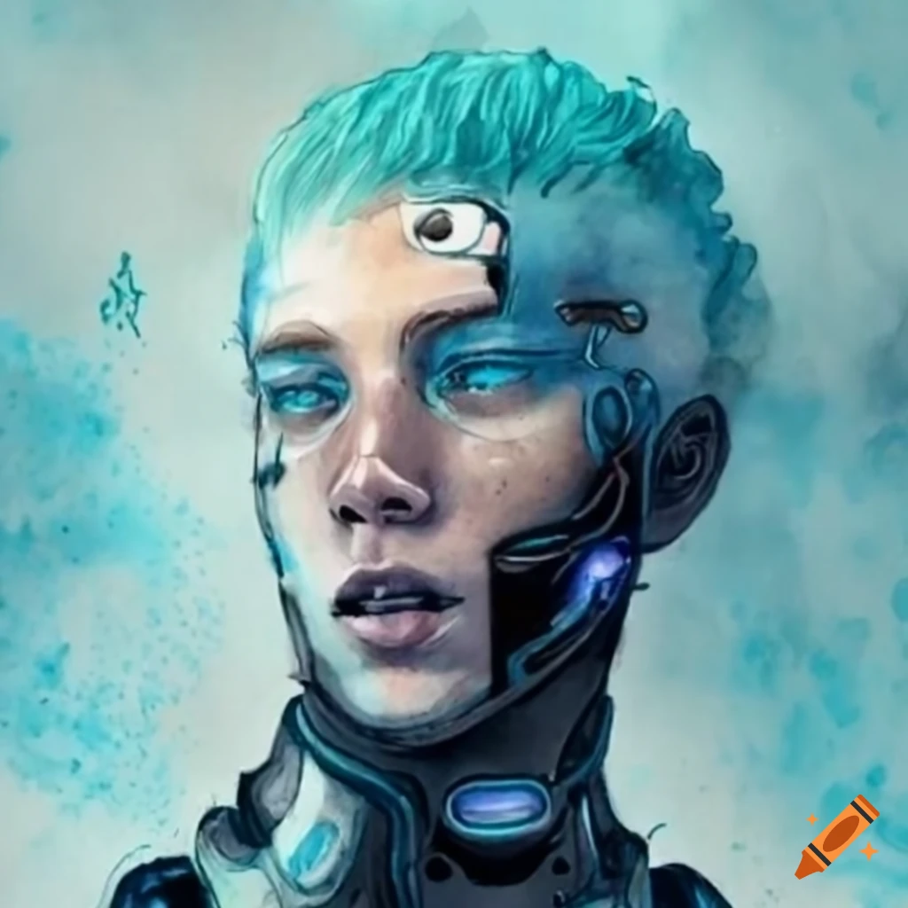 Ethereal watercolor of a young male cyborg with high-tech bodysuit and light cyan hair