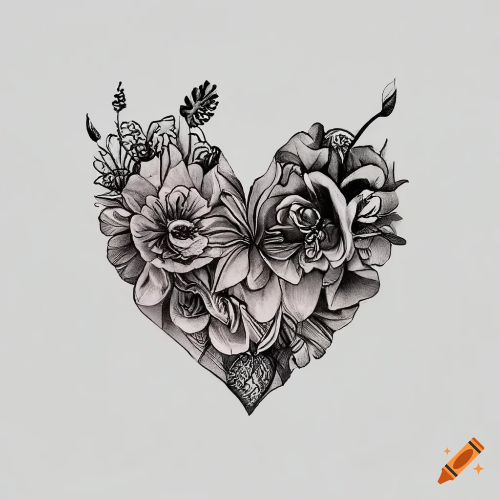 Boho heart and flower tattoo design in black on white background