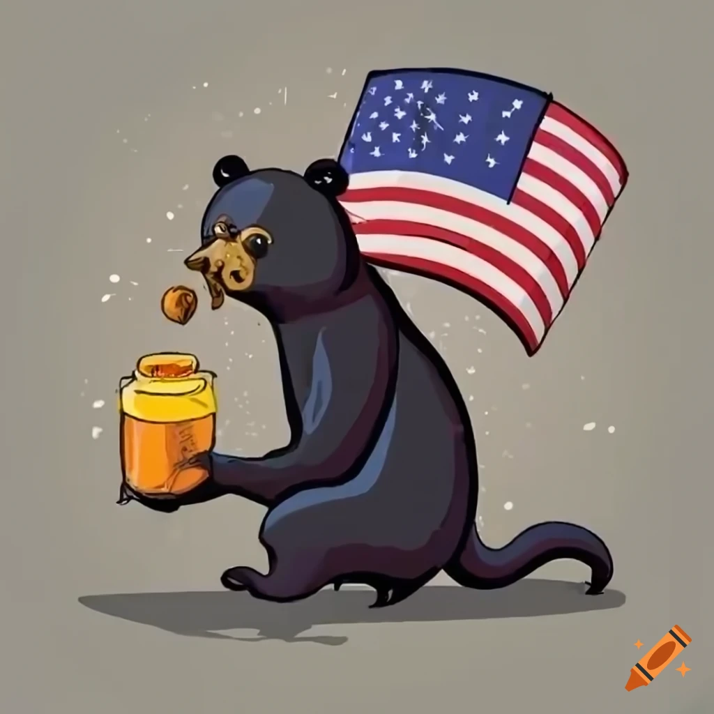 Black bear stealing honey from bees in US flag colors