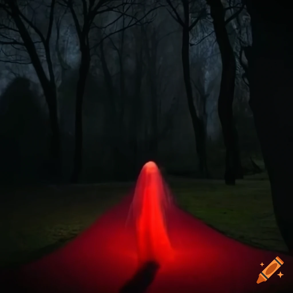 Romantic spooky ghost of a lady in red at castle grounds in the night