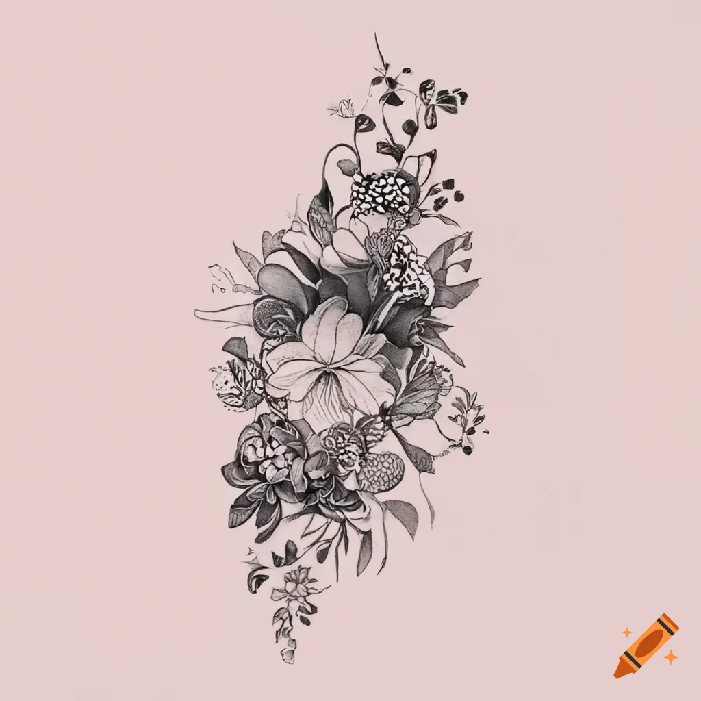 Boho flower tattoo design in black on white background