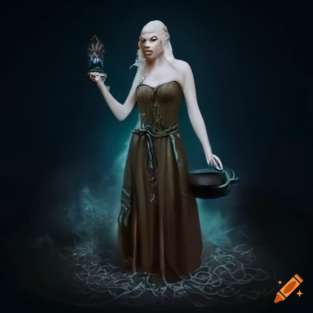 Elven witch with silver cauldron in a tridecagram surrounded by mystical symbols