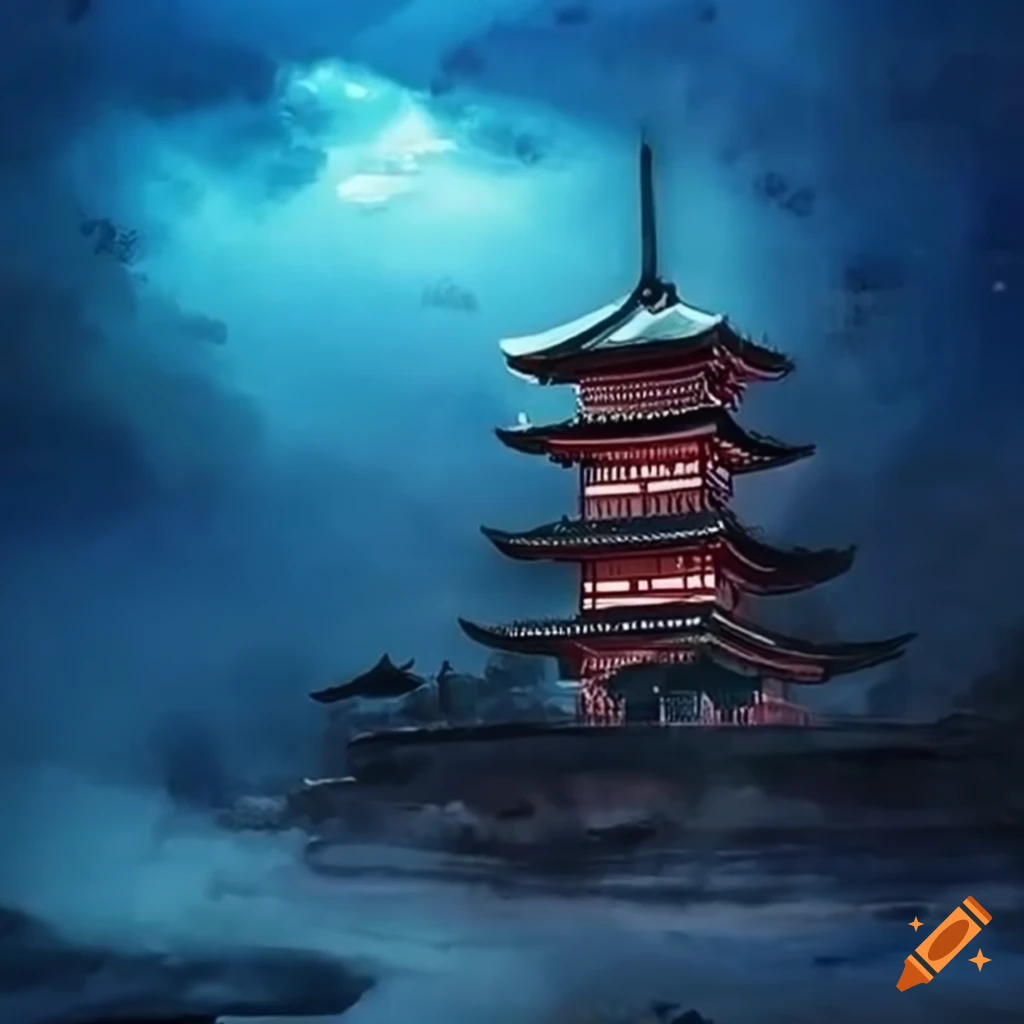 Acuarela of a Japanese temple in a storm