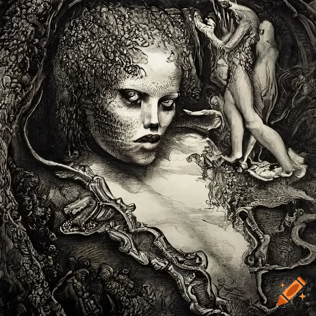 Surreal mezzotint of underwater girl and gill-man in a 1970s science fiction steampunk setting