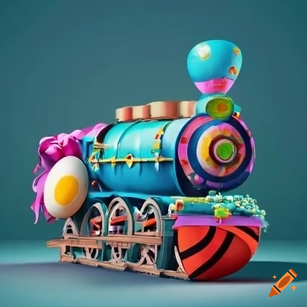 Whimsical train made of colorful hard-boiled eggs and decorative ribbons