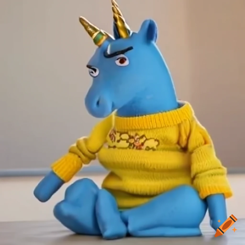 Funny clay of an angry blue unicorn in a yellow sweater