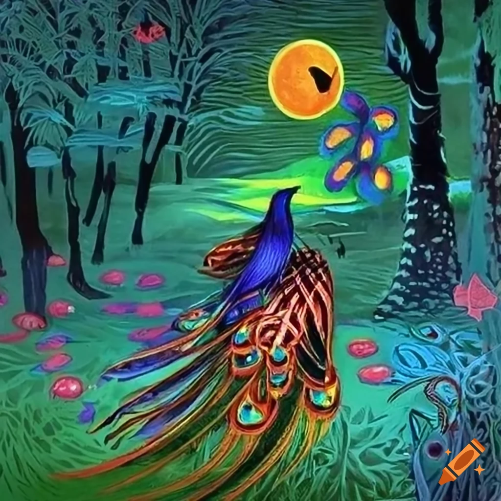 Celtic storybook illustration of a mysterious Gold and Copper Raven wearing a hooded cloak made of colorful iridescent Peacock