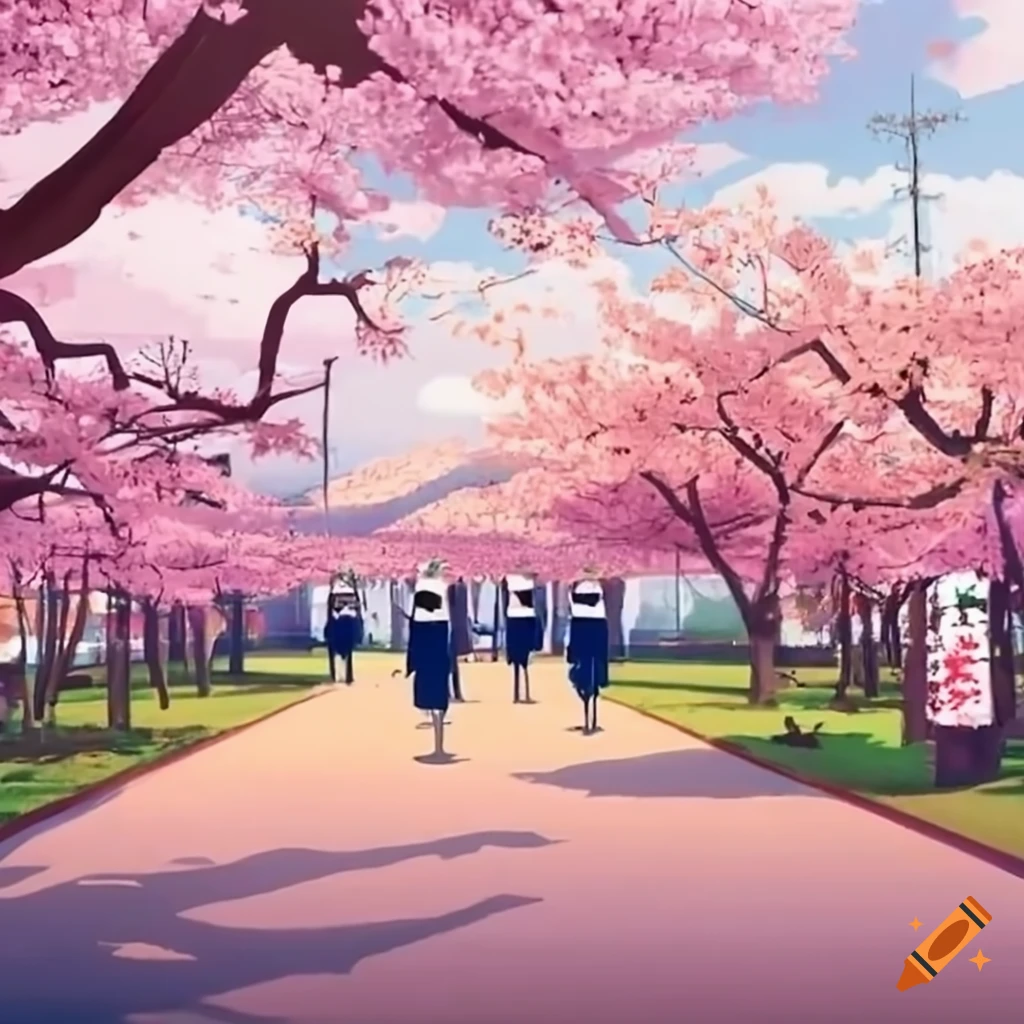 Japanese schoolyard with students in uniform and cherry blossom in bloom