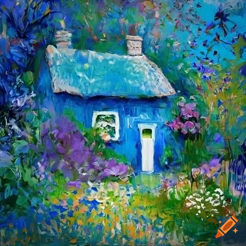 Impressionist blue cottage surrounded by flowers