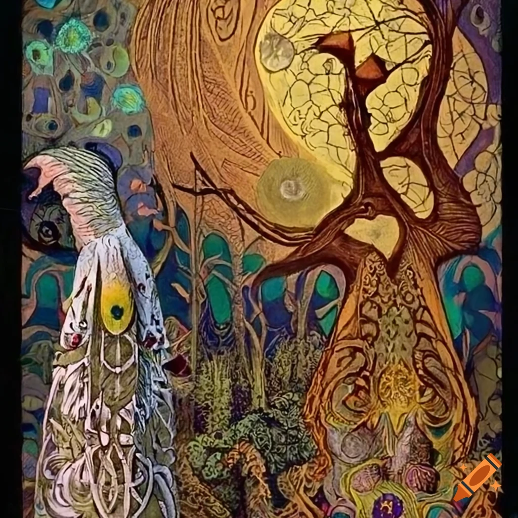 Celtic storybook illustration of a Gold and Copper Raven in a colorful iridescent Peacock cloak