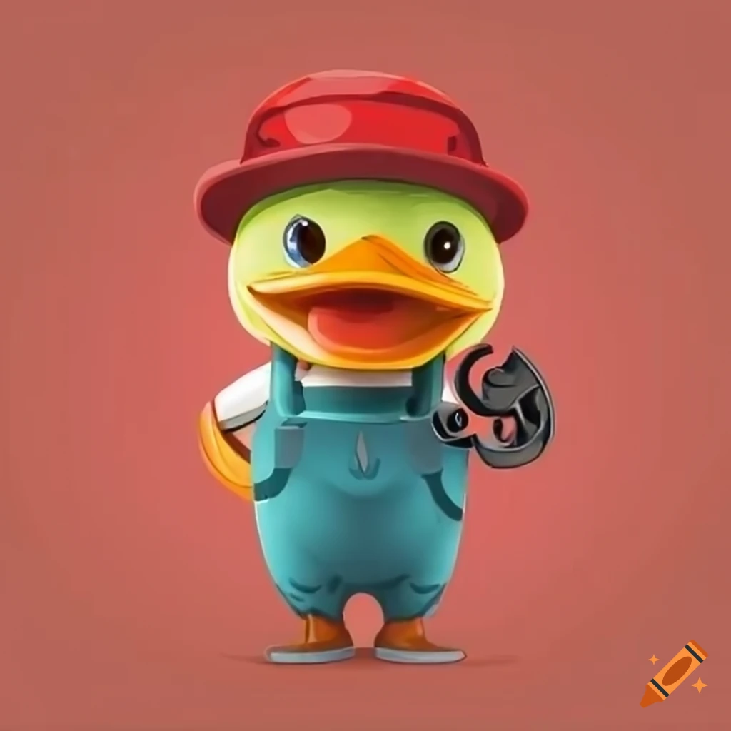 Cute duck mechanic with crescent wrench and red hat