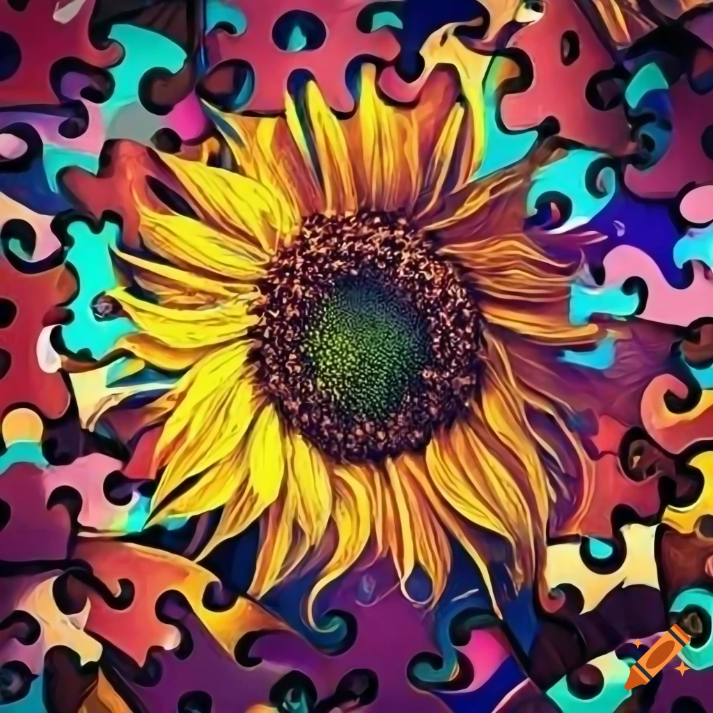 Sunflower surrounded by puzzle pieces in a digital artwork