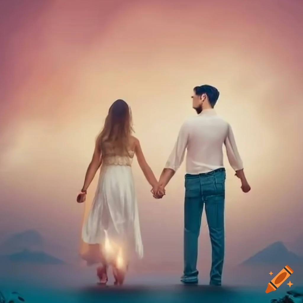 Couple holding hands walking into a heavenly light