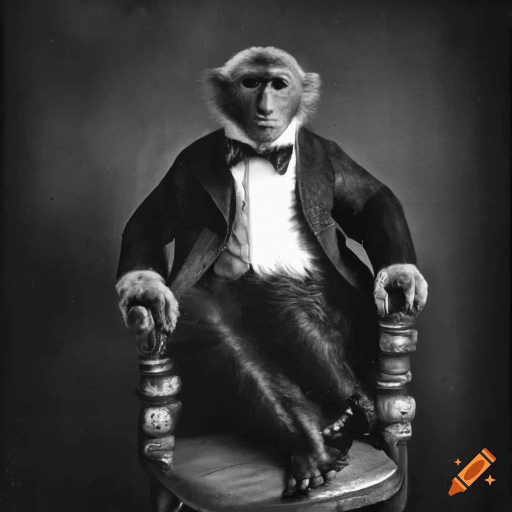 Monkey in formal suit at a barbershop with a Victorian era filter