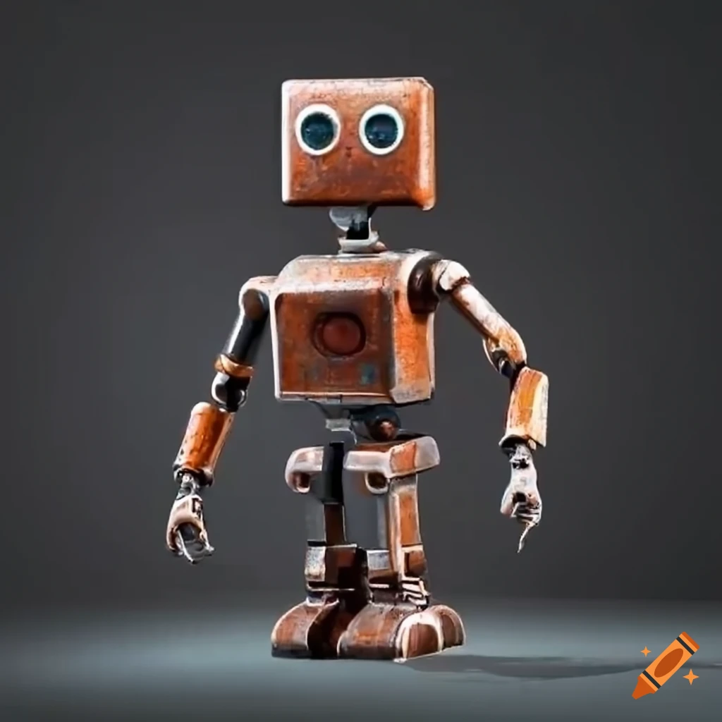Square head robot with pistol in orange and brown rust finish