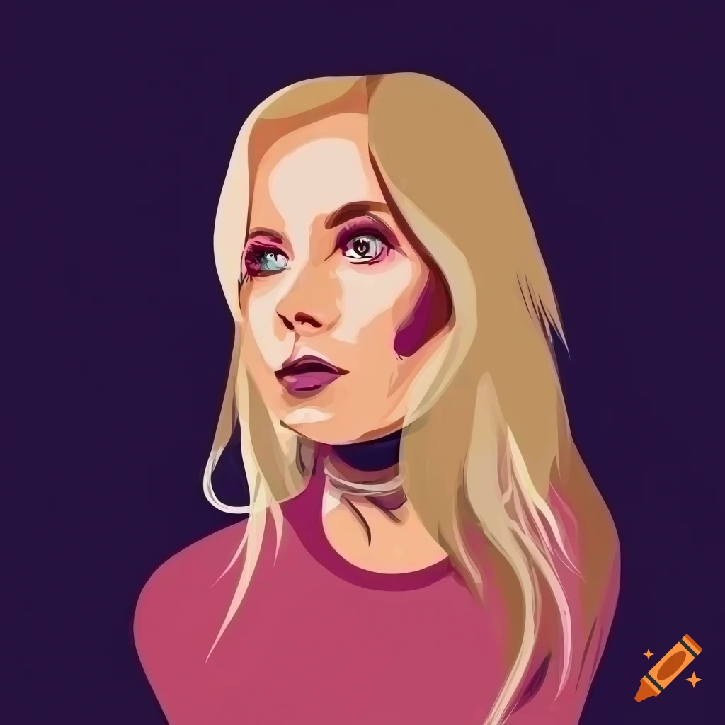 Portrait of blonde woman with long hair in pink sweater, illustrated on ...