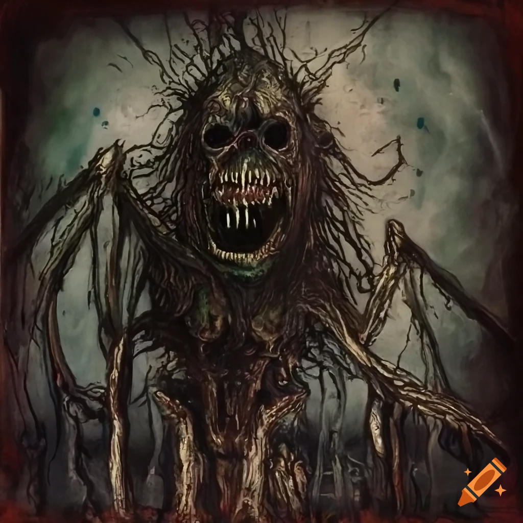 Abstract horror painting of Frankenstein's Monster and Wendigo in dramatic lighting