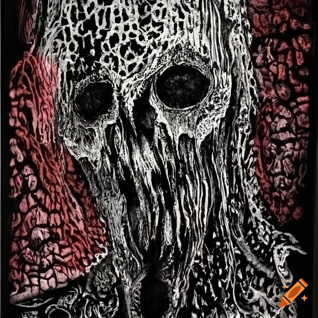 Intricate black, red, and white ink drawing of a tormented ghost overwhelmed by anxiety