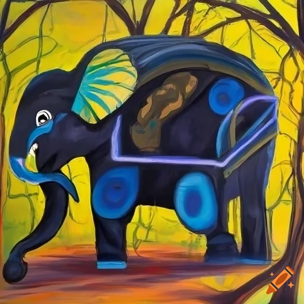 Abstract painting of elephant on tricycle in forest with black, blue, and yellow colors