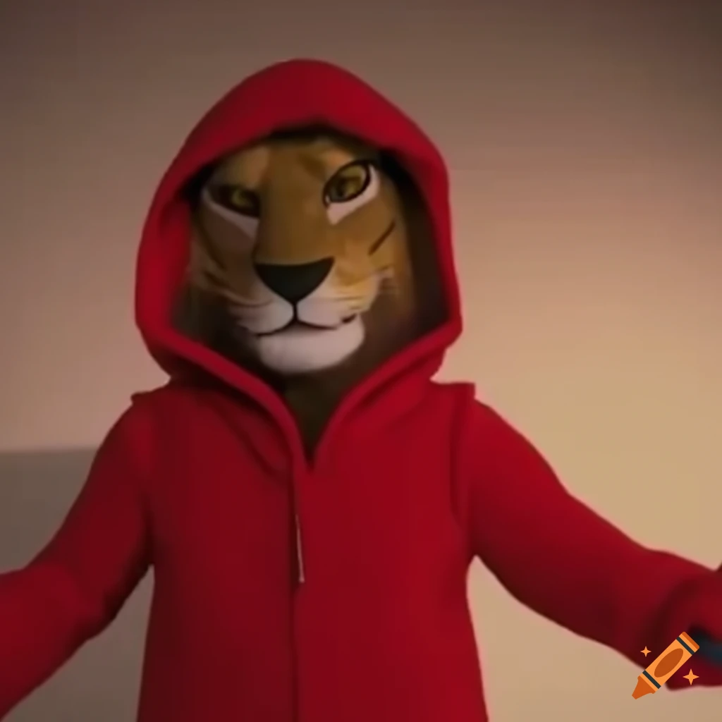 Anthropomorphic lion in a red hoodie in a stylish stop-motion animation