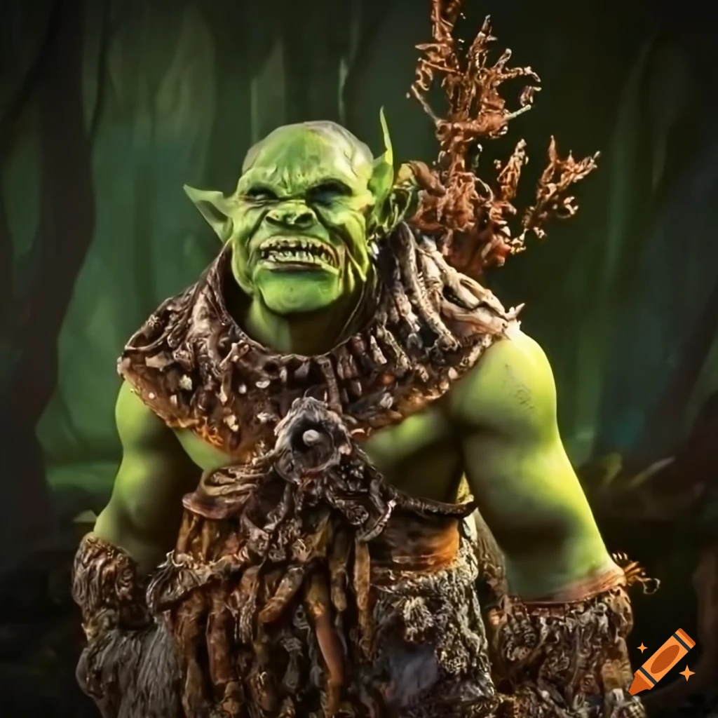 Intricately-detailed orc dressed in seashells and seaweed at a driftwood altar