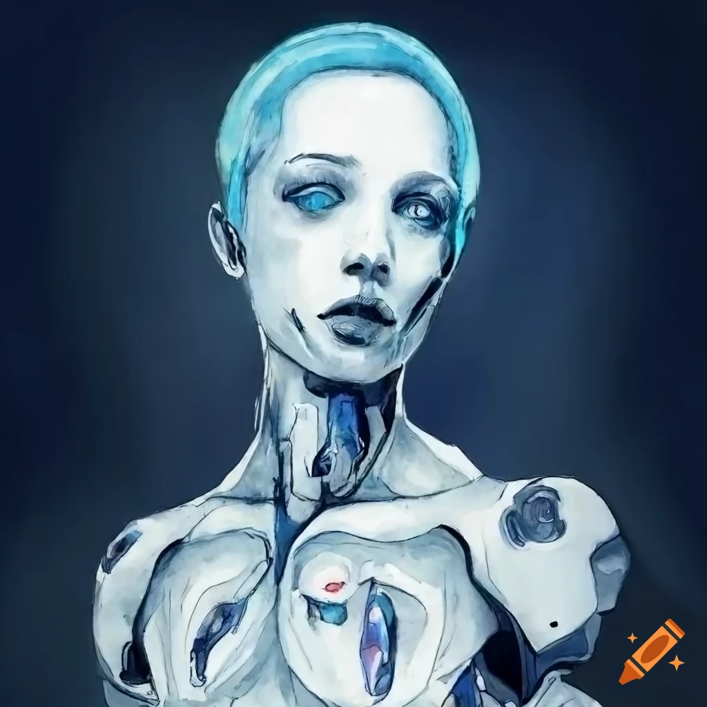 Young male cyborg in a futuristic white bodysuit with light cyan hair and blue eyes