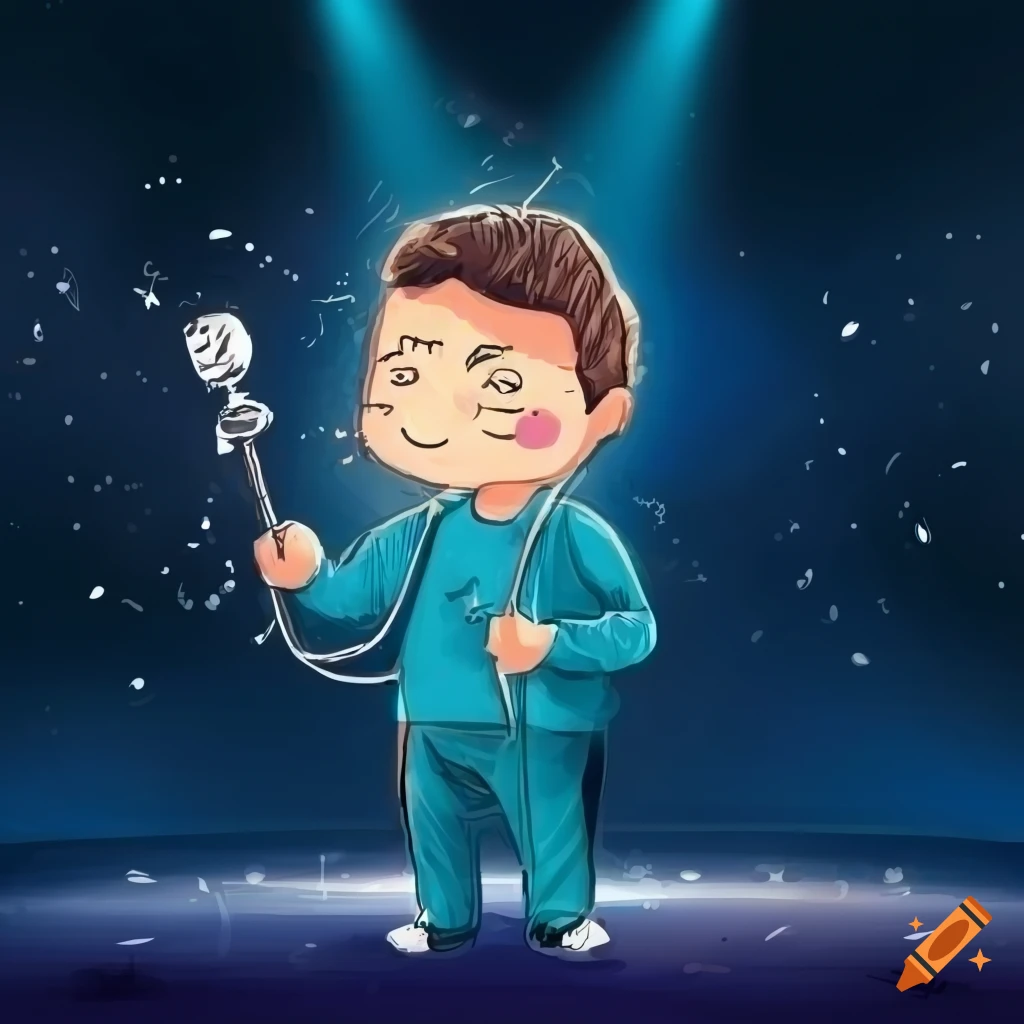 Man with microphone and cat in a stadium doodle art