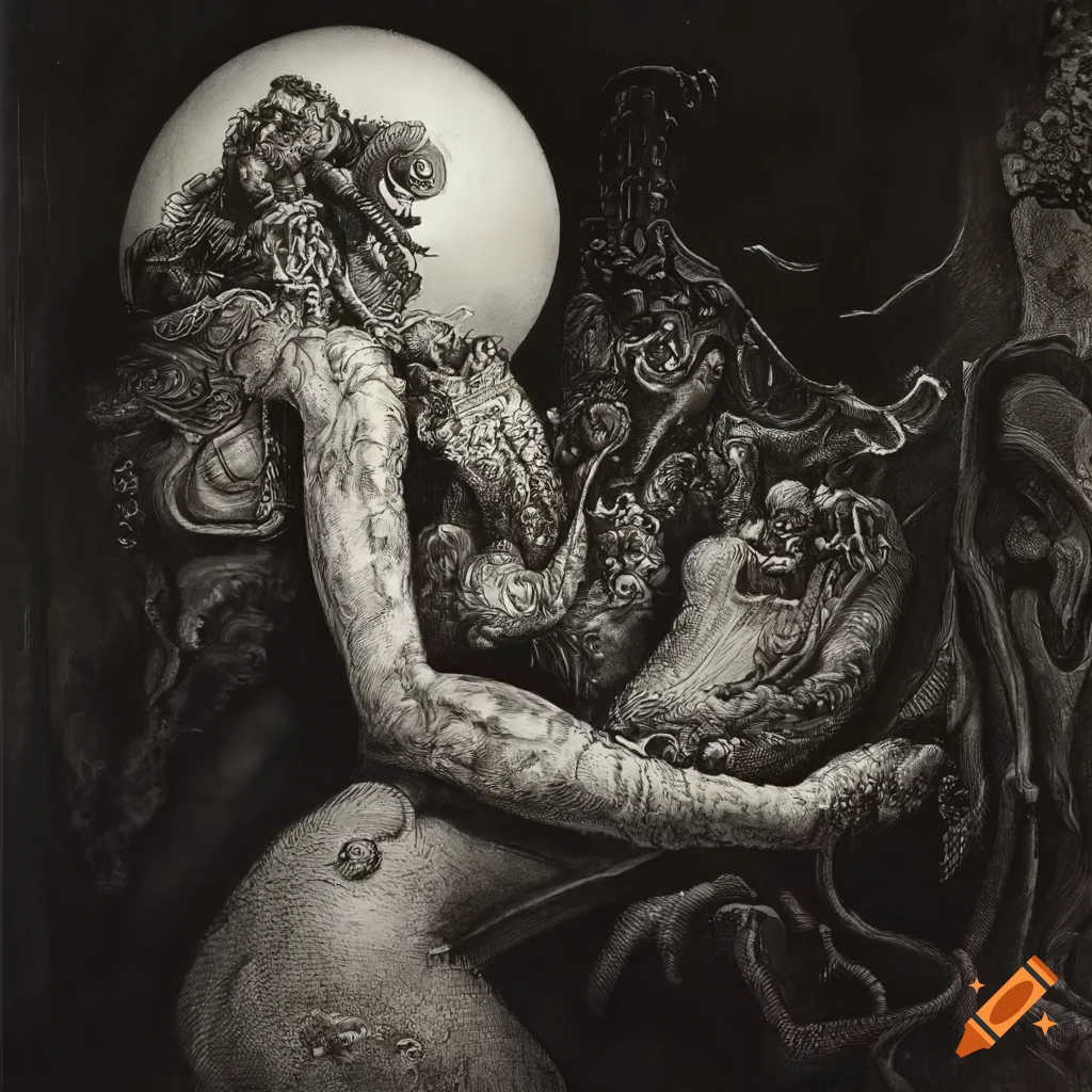 Surreal mezzotint of underwater girl and gill-man in a 1970s science fiction steampunk setting