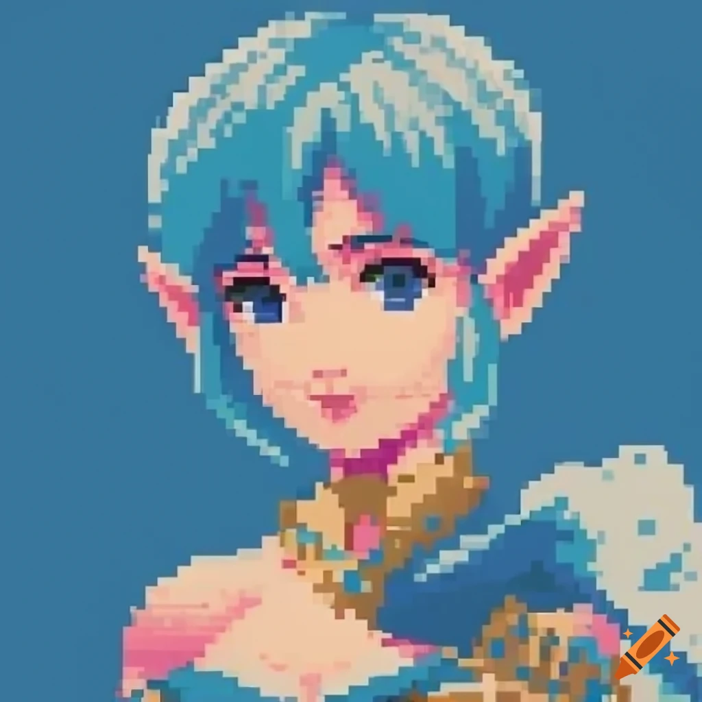 1990 retro impressionist pixel art portrait of a cute blue-haired J-RPG demi-elf heroine in a white greek toga