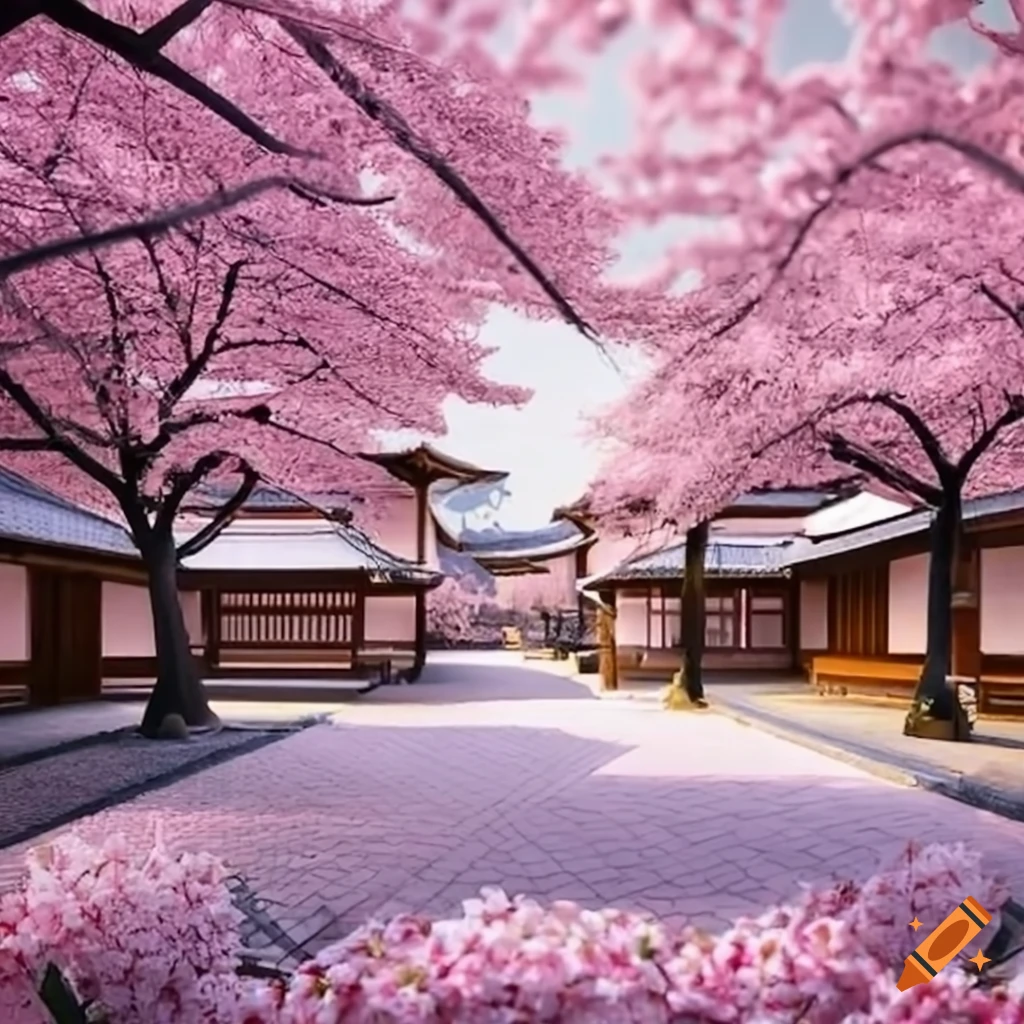 Japanese school courtyard with blooming sakura and students