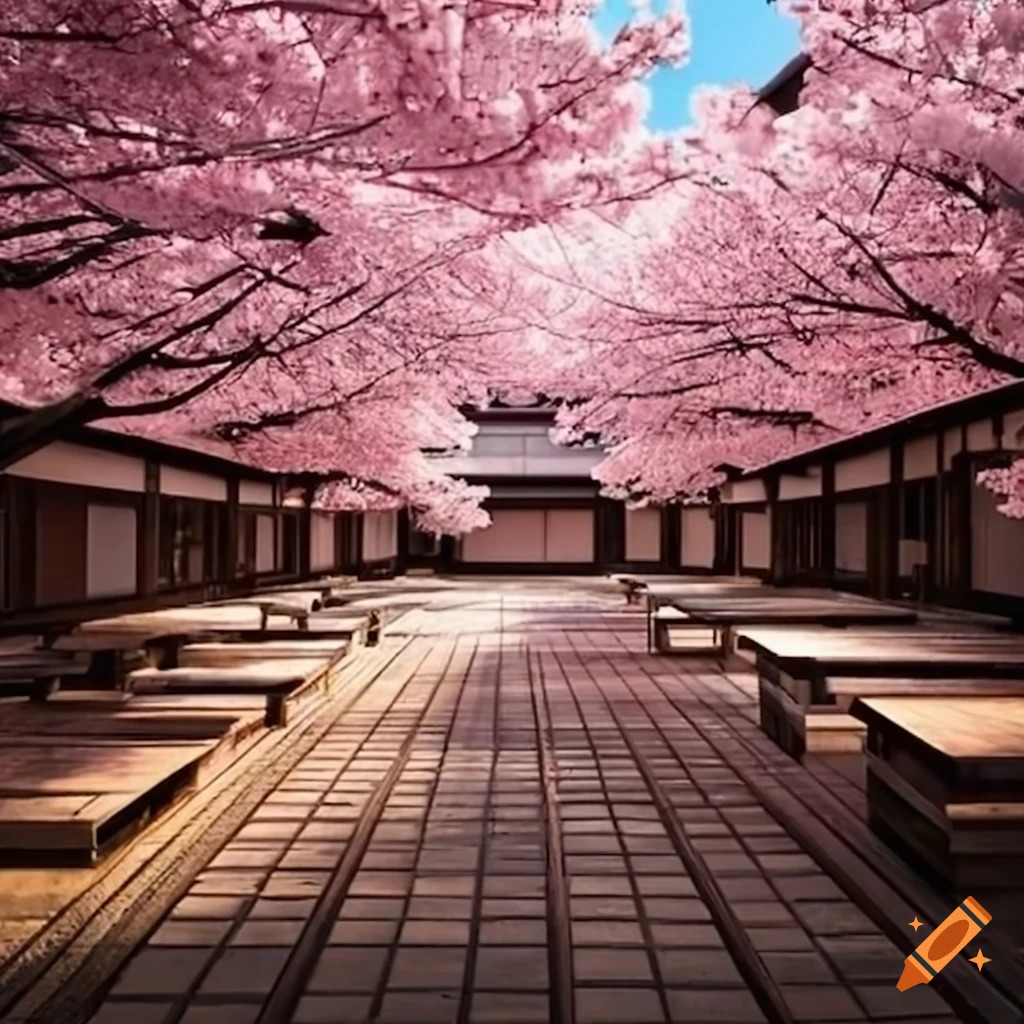 Japanese school courtyard with blooming sakura and students